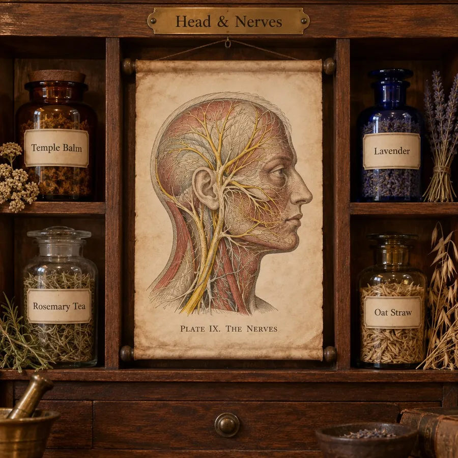 Apothecary shelf for Head & Nerves remedies